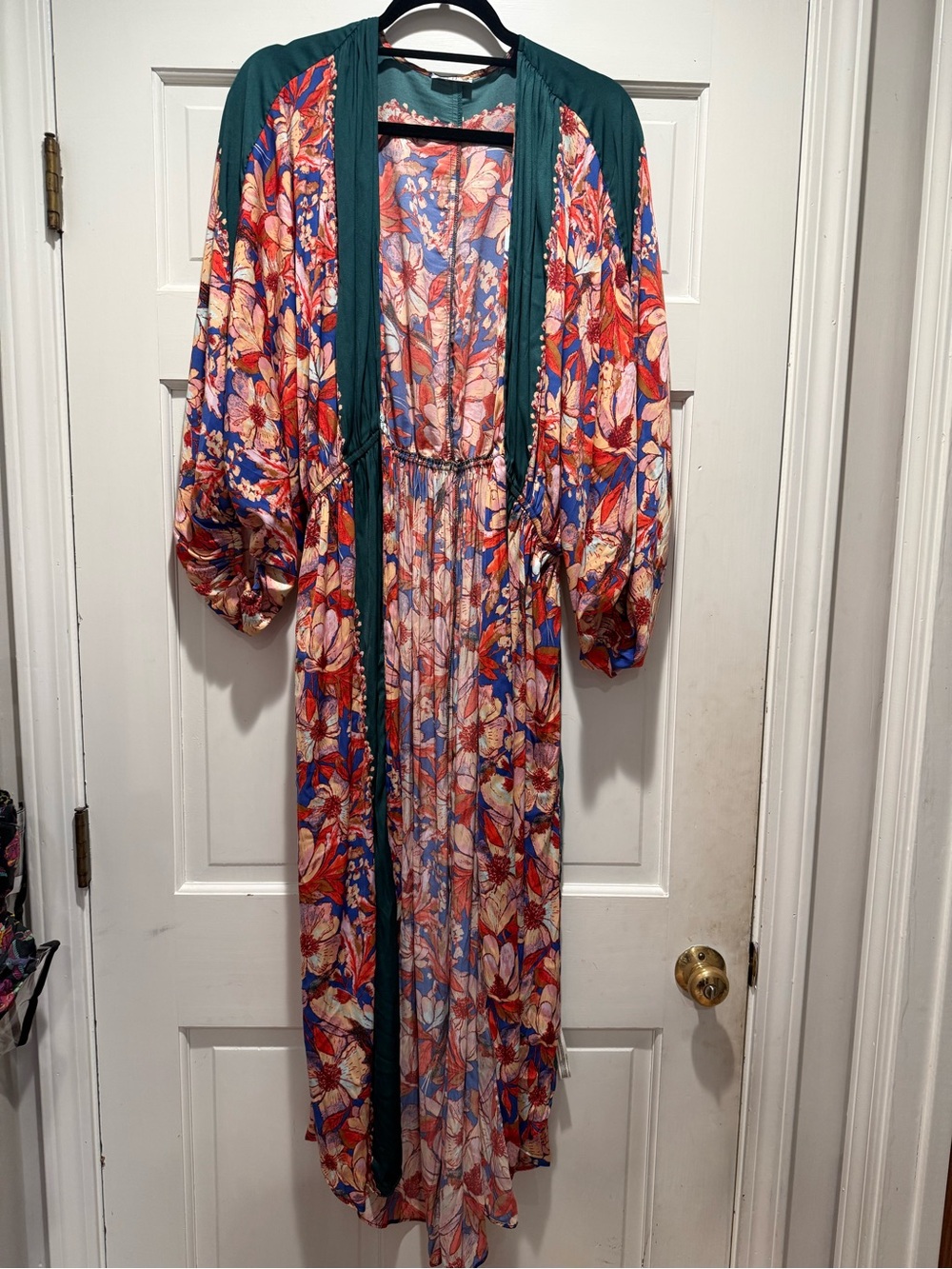 Intimately Free People Floral Kimono Robe Cover Up Maxi Dress with Green Trim